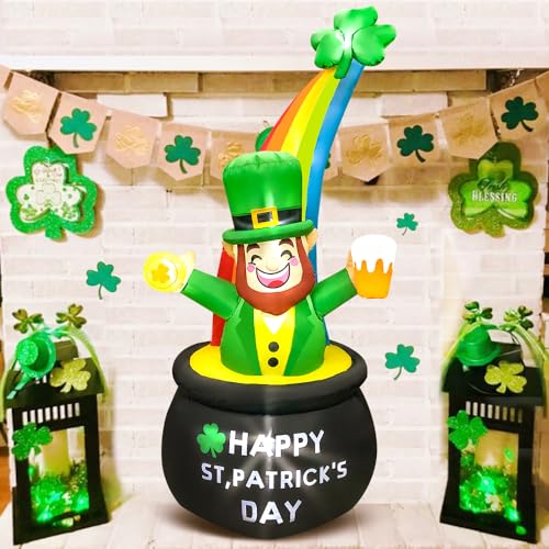 KOOY 8FT St Patricks Day Inflatables Outdoor Decorations,Inflatable Leprechaun in Pot of Gold with Rainbow Blow up Yard Decorations,St Patrick Decorations for Yard Holiday Party Garden Lawn Décor