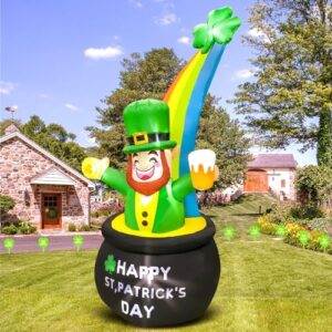 KOOY 8FT St Patricks Day Inflatables Outdoor Decorations,Inflatable Leprechaun in Pot of Gold with Rainbow Blow up Yard Decorations,St Patrick Decorations for Yard Holiday Party Garden Lawn Décor