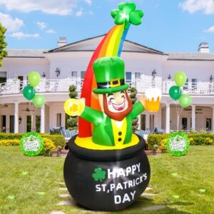 KOOY 8FT St Patricks Day Inflatables Outdoor Decorations,Inflatable Leprechaun in Pot of Gold with Rainbow Blow up Yard Decorations,St Patrick Decorations for Yard Holiday Party Garden Lawn Décor