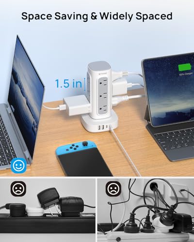 TROND Tower Power Strip Surge Protector - Power Strip with 4 USB Ports(2 USB C), 12 Widely Spaced Outlets, Ultra Thin Flat Plug 10ft Extension Cord, 1700J, for Home Office Supplies, Dorm Essentials