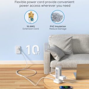 TROND Tower Power Strip Surge Protector - Power Strip with 4 USB Ports(2 USB C), 12 Widely Spaced Outlets, Ultra Thin Flat Plug 10ft Extension Cord, 1700J, for Home Office Supplies, Dorm Essentials