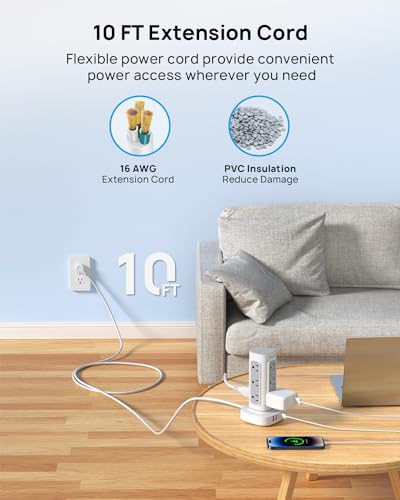 TROND Tower Power Strip Surge Protector - Power Strip with 4 USB Ports(2 USB C), 12 Widely Spaced Outlets, Ultra Thin Flat Plug 10ft Extension Cord, 1700J, for Home Office Supplies, Dorm Essentials