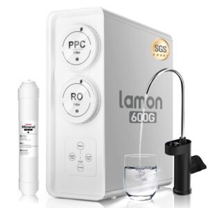 lamon r1pro reverse osmosis water filter system, nsf/ansi 42 certified ro system under sink, free mineral filter, smart faucet, 2:1 pure to drain, reduces tds