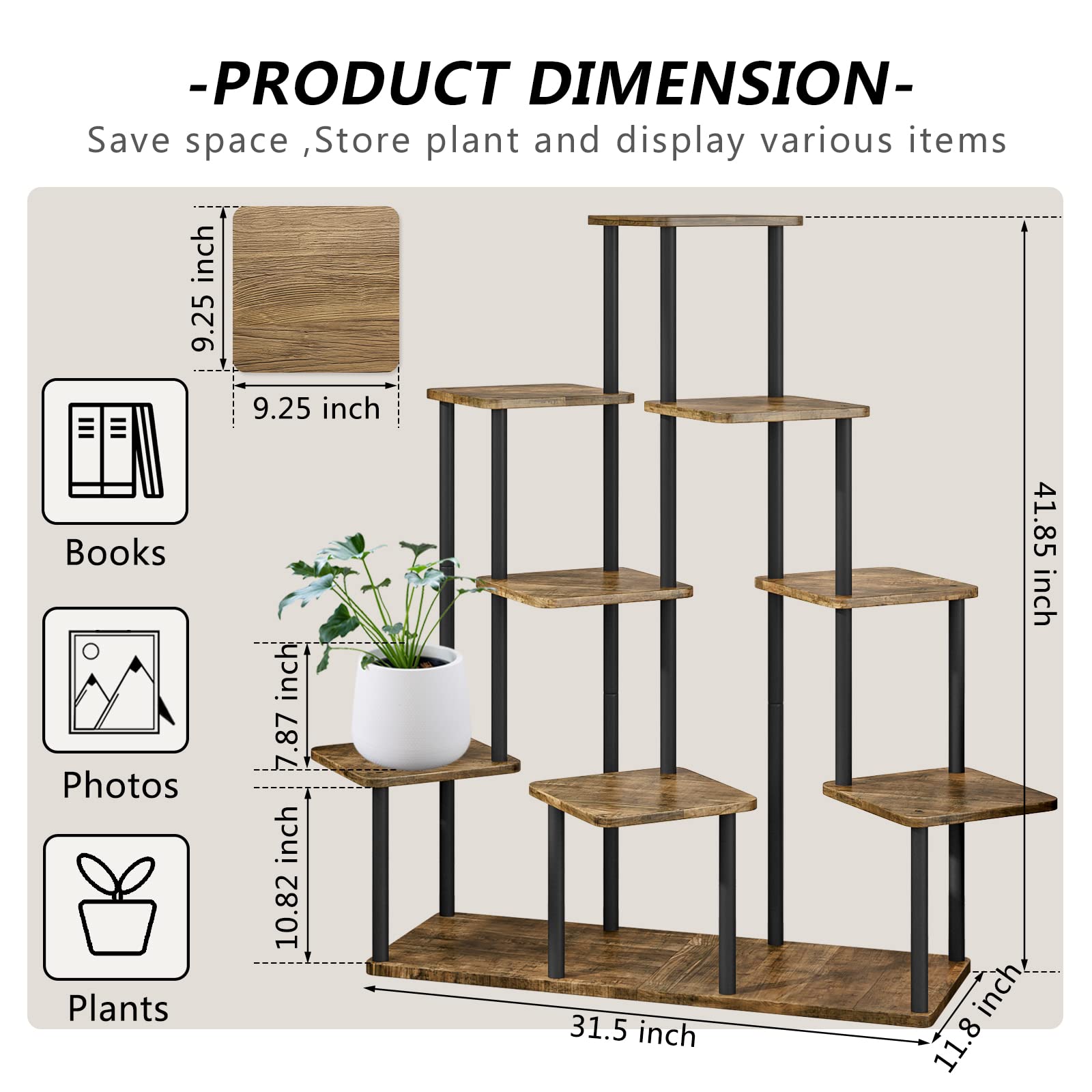 AZERPIAN Plant Stand 9 Tier Indoor Metal Flower Shelf for Multiple Plants Corner Tall Flower Holders for Patio Garden Living Room Balcony Bedroom, Black+Rustic Brown