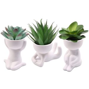 diyomr cute humanoid ceramic doll flower pot decorative pot,succulent flower cactus bonsai planter pots container creat design for home office decor,not include plants (3pcs white)