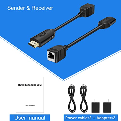 Wiistar HDMI Extender Over Cat5e/6 HDMI to RJ45 Extender Ethernet Network Converter Cable Repeater 1080P up to 60m HDMI Transmitter and Receiver for HDTV STB