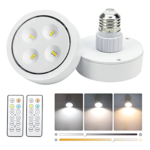 KELUOLY Battery Operated Light Bulbs Sets of 2, LED Puck Lights with Remote Control, AA Battery Bulb with Memory Function, dimmable E26 Screw in Type for Non Electric Pendant Light and Wall Sconce