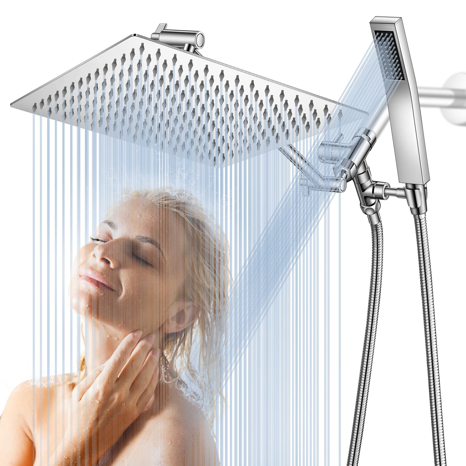 HotQing 12" Chrome Dual Square Shower Head, 15" Brass Adjustable Extension Arm, Rainfall Shower Head with Handheld, 3-Way Diverter with Holder, Teflon Tape Included