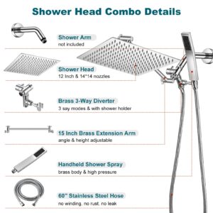 HotQing 12" Chrome Dual Square Shower Head, 15" Brass Adjustable Extension Arm, Rainfall Shower Head with Handheld, 3-Way Diverter with Holder, Teflon Tape Included