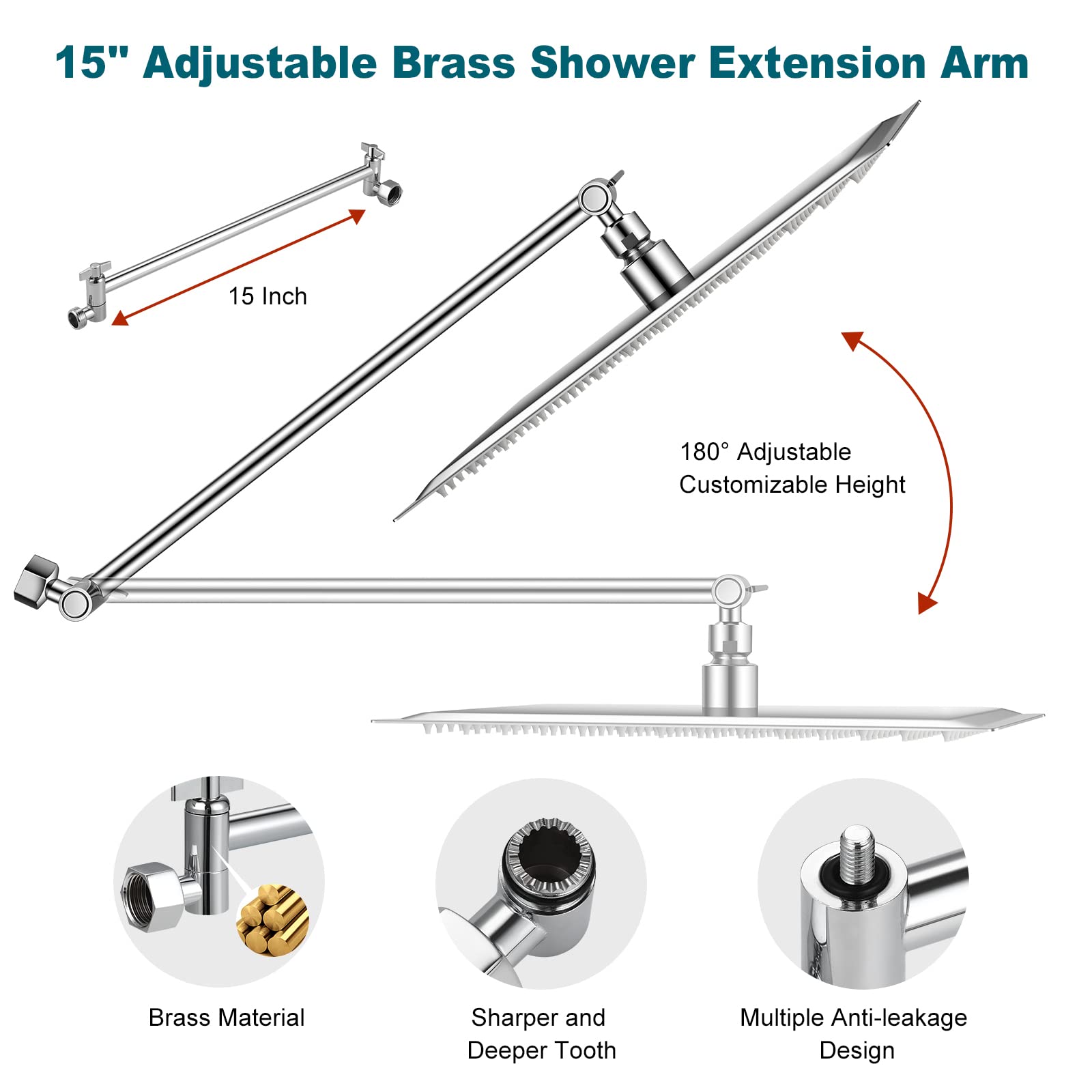 HotQing 12" Chrome Dual Square Shower Head, 15" Brass Adjustable Extension Arm, Rainfall Shower Head with Handheld, 3-Way Diverter with Holder, Teflon Tape Included