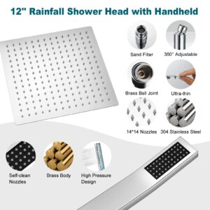 HotQing 12" Chrome Dual Square Shower Head, 15" Brass Adjustable Extension Arm, Rainfall Shower Head with Handheld, 3-Way Diverter with Holder, Teflon Tape Included