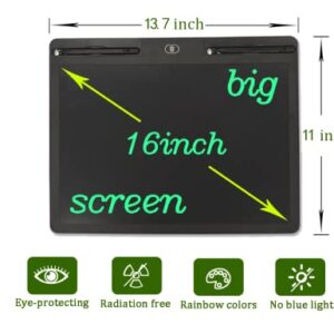 Large LCD Writing Tablet 16 Inch Screen 4 Adult & Kid, Standalone Electronic Graphic Drawing & Doodle Pad No Computer Needed, Erasable Message Board w 2 Styluses, (Black Case, Green Writing Color)