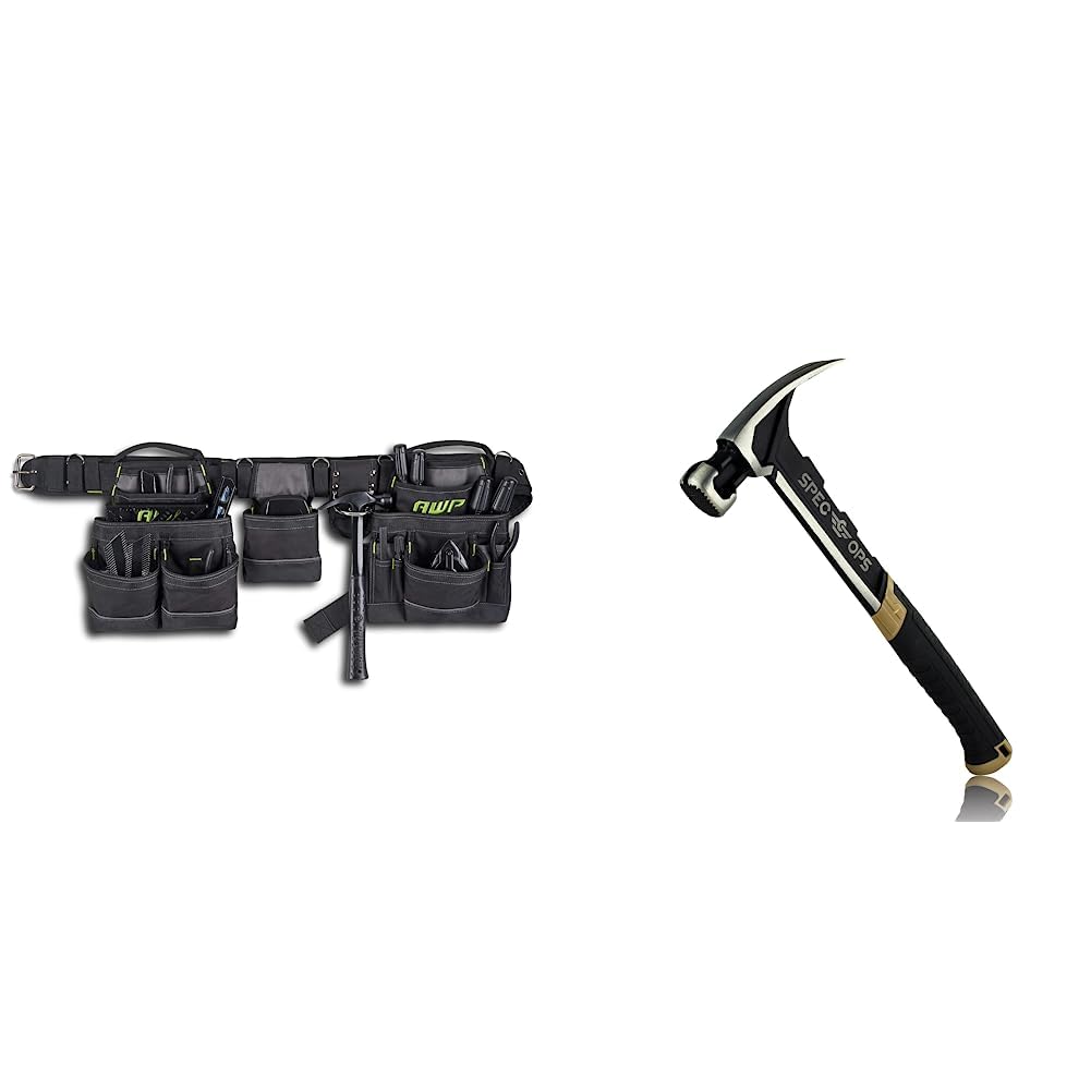 AWP General Construction Carpenter Tool Rig & Spec Ops - SPEC-M22CF Tools Framing Hammer, 22 oz, Rip Claw, Milled Face, Shock-Absorbing Grip, 3% Donated to Veterans Black/Tan