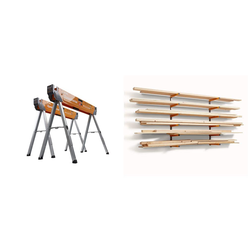 Bora Portamate Speedhorse Sawhorse Pair (PM-4500T, Orange) and Bora Wood Organizer and Lumber Storage Metal Rack (PBR-001)