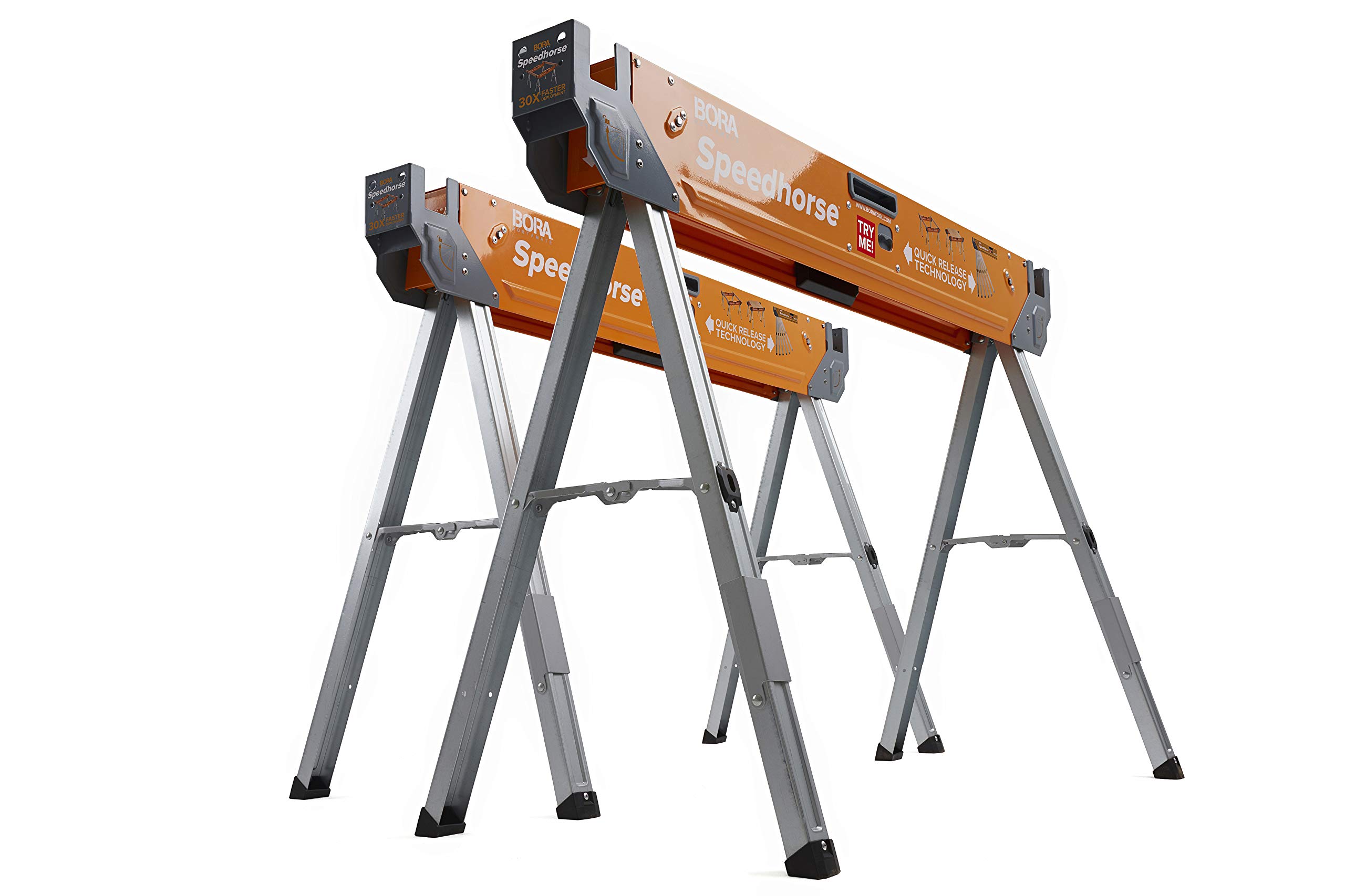 Bora Portamate Speedhorse Sawhorse Pair (PM-4500T, Orange) and Bora Wood Organizer and Lumber Storage Metal Rack (PBR-001)