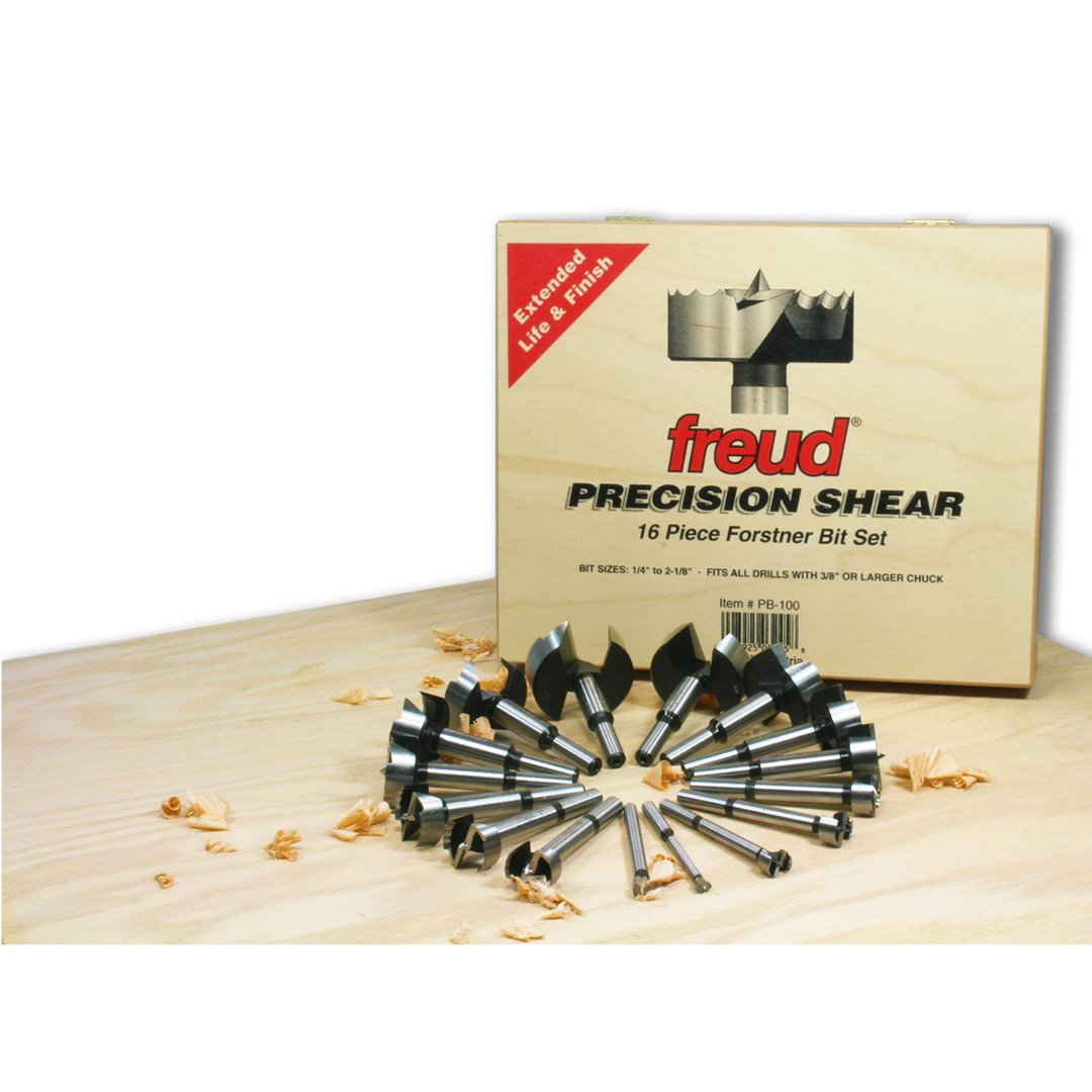 Freud PB-100: 1/4" to 2-1/8" (Dia.) 16 Pcs. Forstner Bit Set and MLCS 9270H 5-Inch Long Forstner Bit Extender with Hex Shank