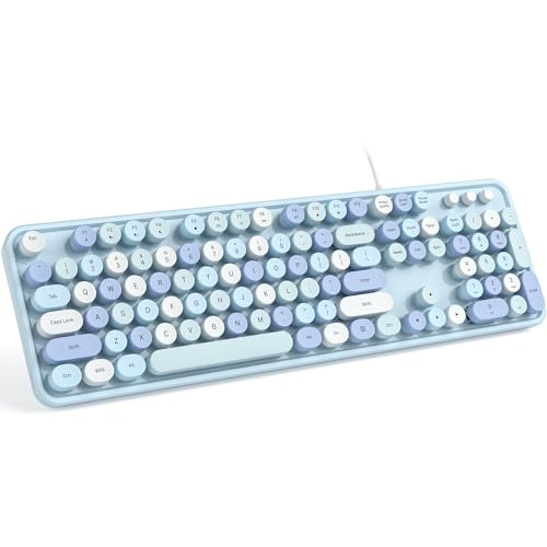 Meidosa Wired Computer Keyboard, Blue Colorful Typewriter Keyboards, Round Key Full Size Keyboard, Plug and Play USB Keyboard for PC, Laptop, Desktop, Windows