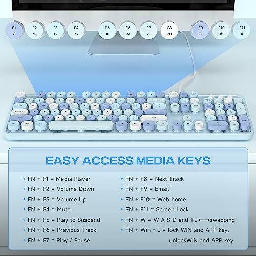 Meidosa Wired Computer Keyboard, Blue Colorful Typewriter Keyboards, Round Key Full Size Keyboard, Plug and Play USB Keyboard for PC, Laptop, Desktop, Windows