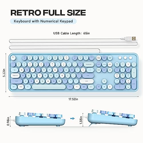 Meidosa Wired Computer Keyboard, Blue Colorful Typewriter Keyboards, Round Key Full Size Keyboard, Plug and Play USB Keyboard for PC, Laptop, Desktop, Windows