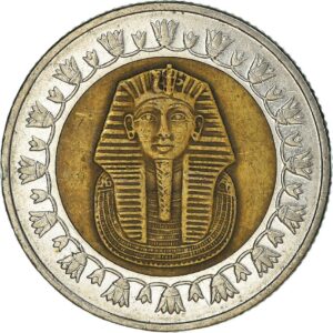 egyptian 1 pound coin | km940a | 2007 | bimetallic | arab republic of egypt | tutankhamun's mask | ١٤٢٨ - ٢٠٠٧