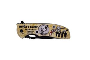 folding wyatt earp pocket knife, 4.75 inch stainless steel blade pocket knife with printed portrait of wyatt earp (birth from 1848 - 1929)| legend of the west collection| with pocketclip for camping, fishing, hiking, gifts for father, husband