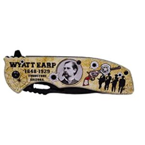 Folding Wyatt Earp Pocket Knife, 4.75 inch Stainless Steel Blade Pocket Knife with Printed portrait of Wyatt Earp (birth from 1848 - 1929)| Legend of the West Collection| with Pocketclip for Camping, Fishing, Hiking, Gifts for Father, Husband