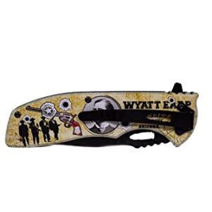 Folding Wyatt Earp Pocket Knife, 4.75 inch Stainless Steel Blade Pocket Knife with Printed portrait of Wyatt Earp (birth from 1848 - 1929)| Legend of the West Collection| with Pocketclip for Camping, Fishing, Hiking, Gifts for Father, Husband