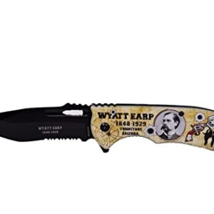 Folding Wyatt Earp Pocket Knife, 4.75 inch Stainless Steel Blade Pocket Knife with Printed portrait of Wyatt Earp (birth from 1848 - 1929)| Legend of the West Collection| with Pocketclip for Camping, Fishing, Hiking, Gifts for Father, Husband