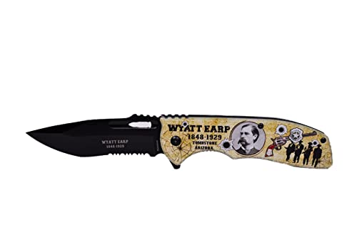 Folding Wyatt Earp Pocket Knife, 4.75 inch Stainless Steel Blade Pocket Knife with Printed portrait of Wyatt Earp (birth from 1848 - 1929)| Legend of the West Collection| with Pocketclip for Camping, Fishing, Hiking, Gifts for Father, Husband