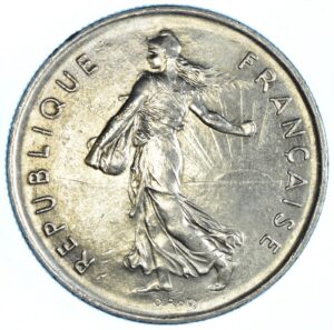 1970-2001 5 franc fifth french republic coin. with marianne"sower" french walking liberty design and"liberte, egalite, fraternite" national values. 5 franc graded by seller. circulated condition.