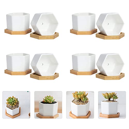 Yardwe 4 Sets Succulents Table Hexagon Plant Containers with Arrangement Balcony Ceramic Center Planter Saucer Pot Desktop Gardening Bonsai Bamboo Pots Decorative Decoration Hole Tray