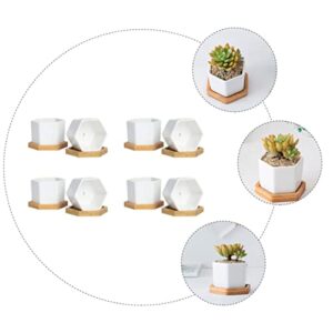 Yardwe 4 Sets Succulents Table Hexagon Plant Containers with Arrangement Balcony Ceramic Center Planter Saucer Pot Desktop Gardening Bonsai Bamboo Pots Decorative Decoration Hole Tray