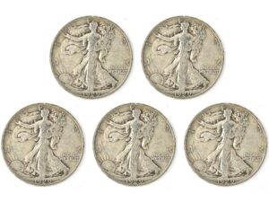 1916-1947 set of 5 silver walking liberty half dollar coins. a beautiful usa .90 percent silver coin set, 1.80 troy ounces silver weight. 50 cents (5 coins) graded by seller circulated condition