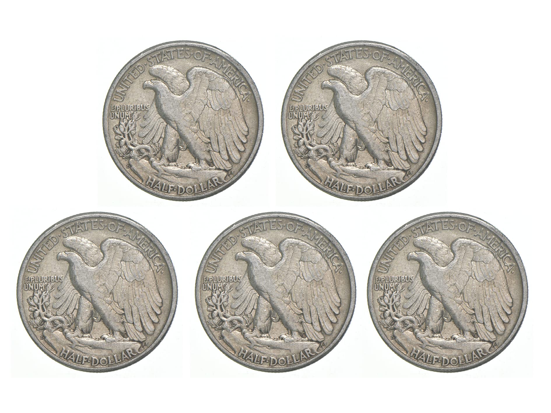 1916-1947 Set of 5 Silver Walking Liberty Half Dollar Coins. A Beautiful USA .90 Percent Silver Coin Set, 1.80 Troy Ounces Silver Weight. 50 Cents (5 Coins) Graded By Seller Circulated Condition
