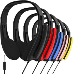 maeline stereo headset with microphone, 5 pack on-ear headphones with boom mic for library, classroom (k-12 - college) airplane, student online learning, recording, wired 3.5mm plug, bulk wholesale