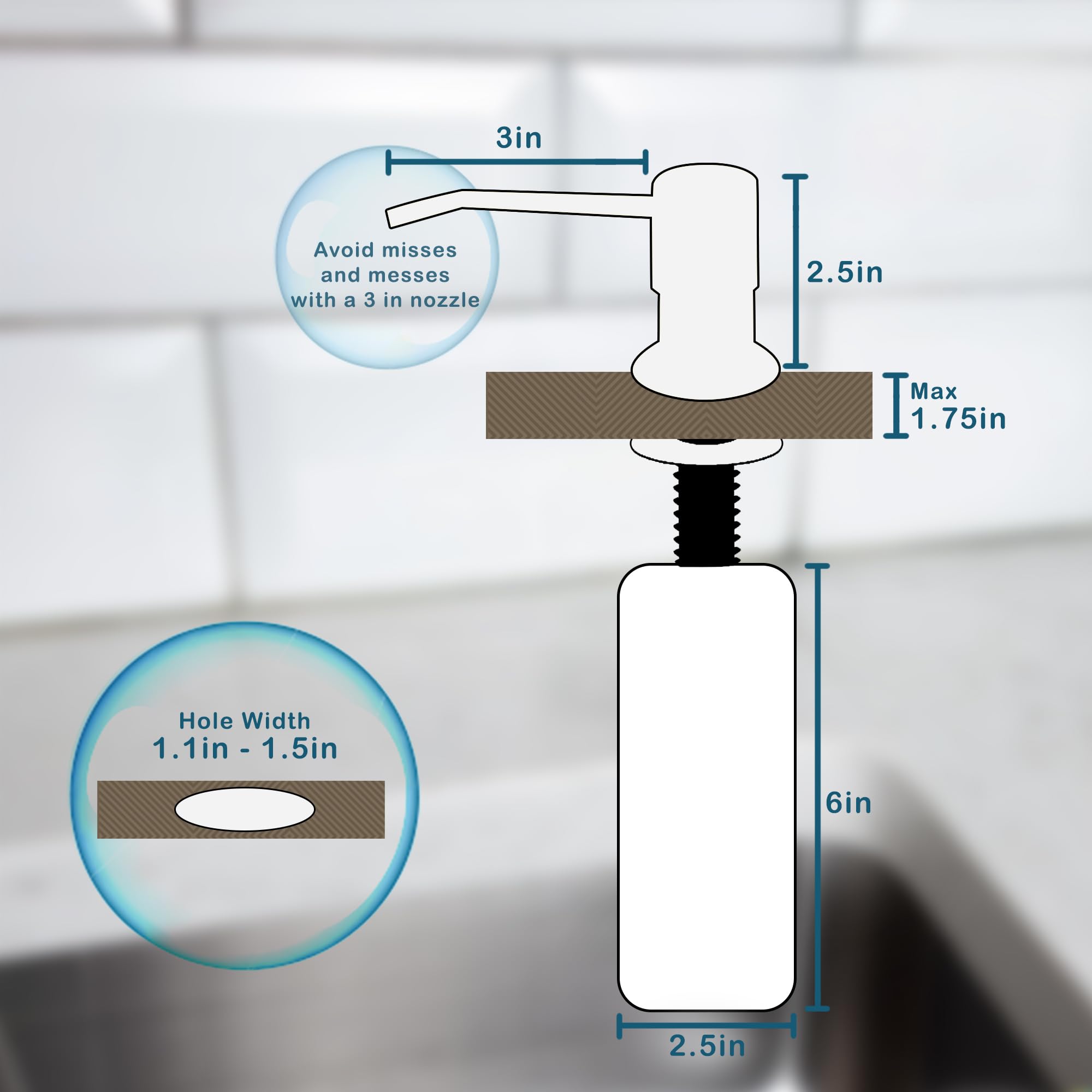 Palastyles Built-in Soap and Hand Lotion Dispenser Pump for Kitchen Sink or Countertop, Crome Polished, with Clear Bottle, Refill from The Top, Fits All Sinks, Easy to Install. (Polished Chrome)