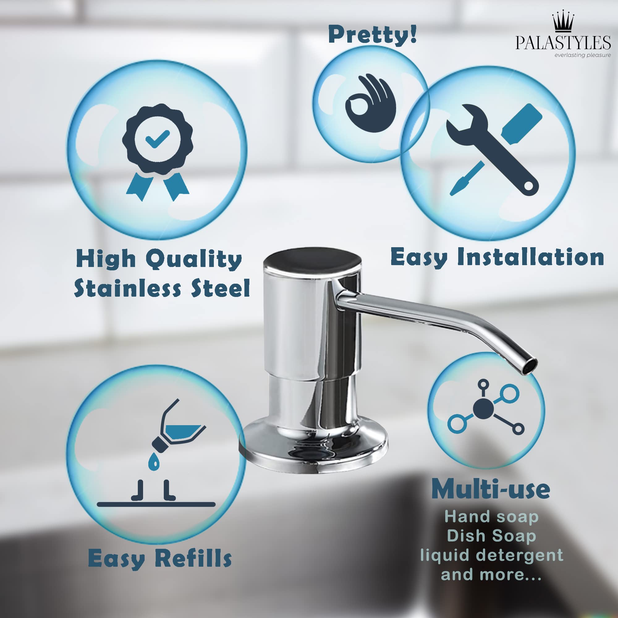 Palastyles Built-in Soap and Hand Lotion Dispenser Pump for Kitchen Sink or Countertop, Crome Polished, with Clear Bottle, Refill from The Top, Fits All Sinks, Easy to Install. (Polished Chrome)