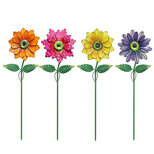 YEAHOME Garden Decor for Outside, 4 Pack 20'' Flower Garden Stakes for Spring Decor, Metal Flowers with Shaking Head Yard Art for Outdoor Lawn Patio Pathway Decorations