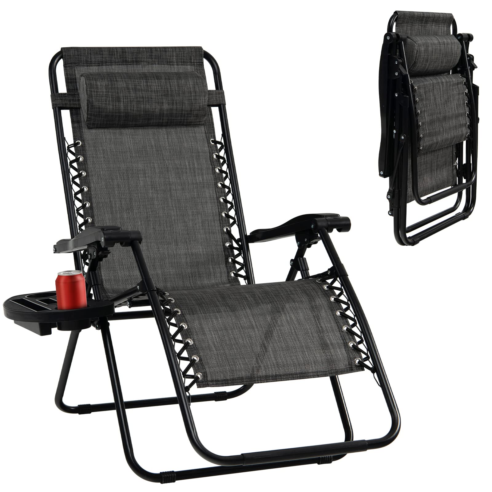 Tangkula Zero Gravity Chair, Folding Patio Lounge Chair Adjustable Outdoor Recliner with Cup Holder, Wide Armrest for Patio Garden Poolside Outdoor Yard Beach, Support 350 lbs (1, Grey)