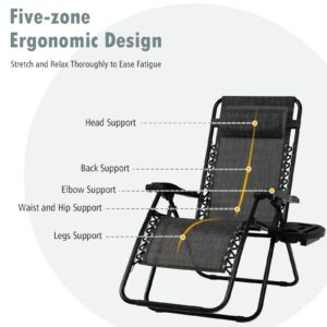 Tangkula Zero Gravity Chair, Folding Patio Lounge Chair Adjustable Outdoor Recliner with Cup Holder, Wide Armrest for Patio Garden Poolside Outdoor Yard Beach, Support 350 lbs (1, Grey)