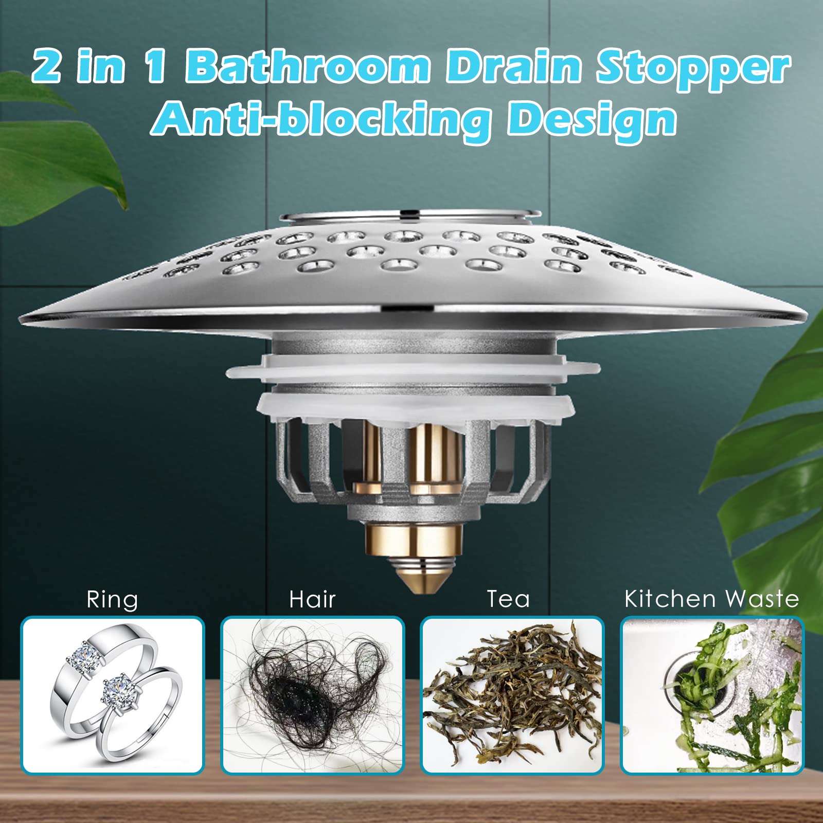 Universal Bathtub Stopper for 1.3-1.6”, Tub Drain Stoppers with Shower Drain Hair Catcher, Upgraded Brass Bathroom Basin Pop-Up Bath Tub Stopper Drain Cover Plug, Anti Clogging Bathroom Drain Strainer