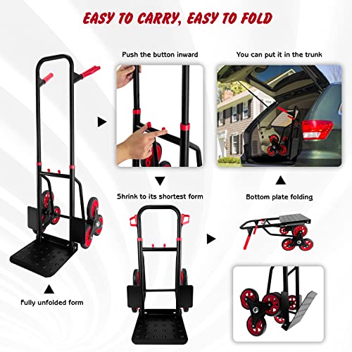 Stair Climber Hand Truck Dolly, Heavy Duty 330 Lb Capacity Trolley Cart with Telescoping Handle and Rubber Wheels 6 Rubber Wheels and Rope for Moving Logistics Warehouse