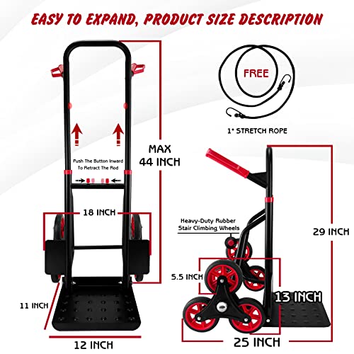 Stair Climber Hand Truck Dolly, Heavy Duty 330 Lb Capacity Trolley Cart with Telescoping Handle and Rubber Wheels 6 Rubber Wheels and Rope for Moving Logistics Warehouse