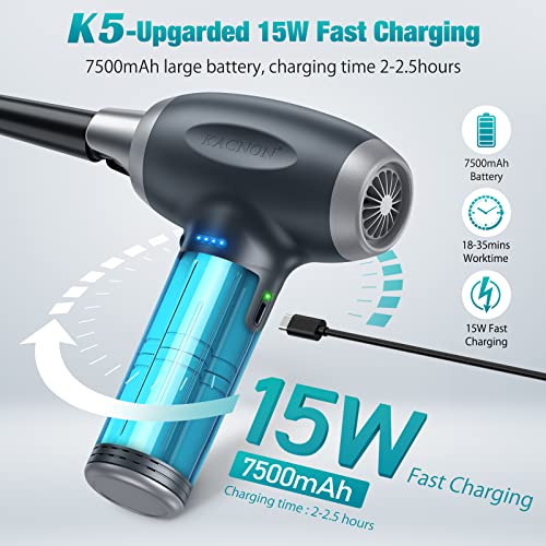 【Brushless Motor 120000RPM】KACNON Compressed Air Duster, 3-Gear Dust Blower Electric Air Duster for Computer Cleaning, 15W Fast Charging, LED Light & 4 Battry Indicator, 7500mAh Replace Air Cans