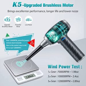 【Brushless Motor 120000RPM】KACNON Compressed Air Duster, 3-Gear Dust Blower Electric Air Duster for Computer Cleaning, 15W Fast Charging, LED Light & 4 Battry Indicator, 7500mAh Replace Air Cans