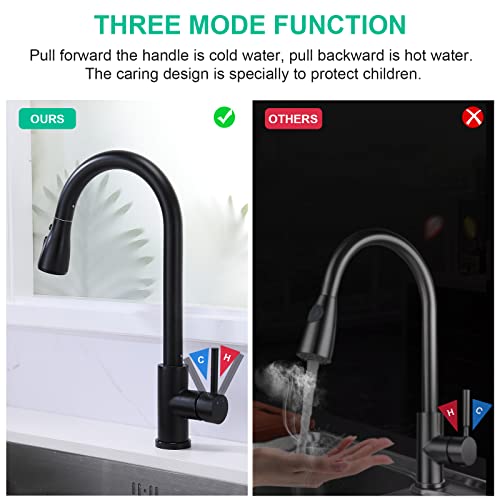 Besworta 3-Way Pull Down Matte Black Kitchen Faucet with 23-Inch Pull Out Hose, Stainless Steel, 3-Water Outlet Modes, PVD Finish, Ceramic Cartridge, 304 SUS