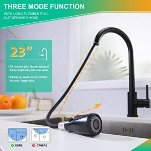 Besworta 3-Way Pull Down Matte Black Kitchen Faucet with 23-Inch Pull Out Hose, Stainless Steel, 3-Water Outlet Modes, PVD Finish, Ceramic Cartridge, 304 SUS