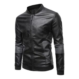 maiyifu-gj men stand collar leather jacket pu patchwork zip up bomber biker coat lightweight faux leather motorcycle jackets (black,5x-large)
