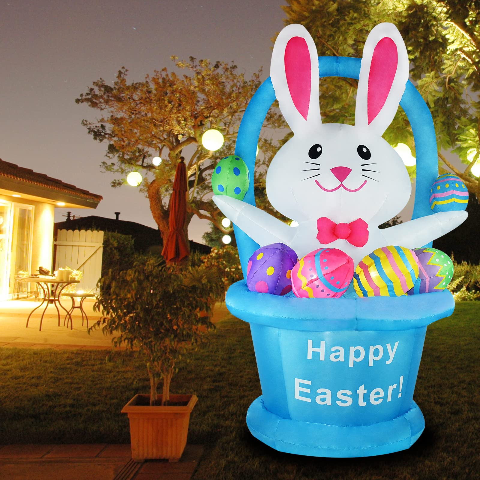 ZXSWONLY 5FT Easter Inflatables Outdoor Decorations Bunny with Basket & Colorful Eggs, Easter Blow Up Yard Decorations with LED Lights Built-in for Party Indoor, Outside, Garden, Lawn