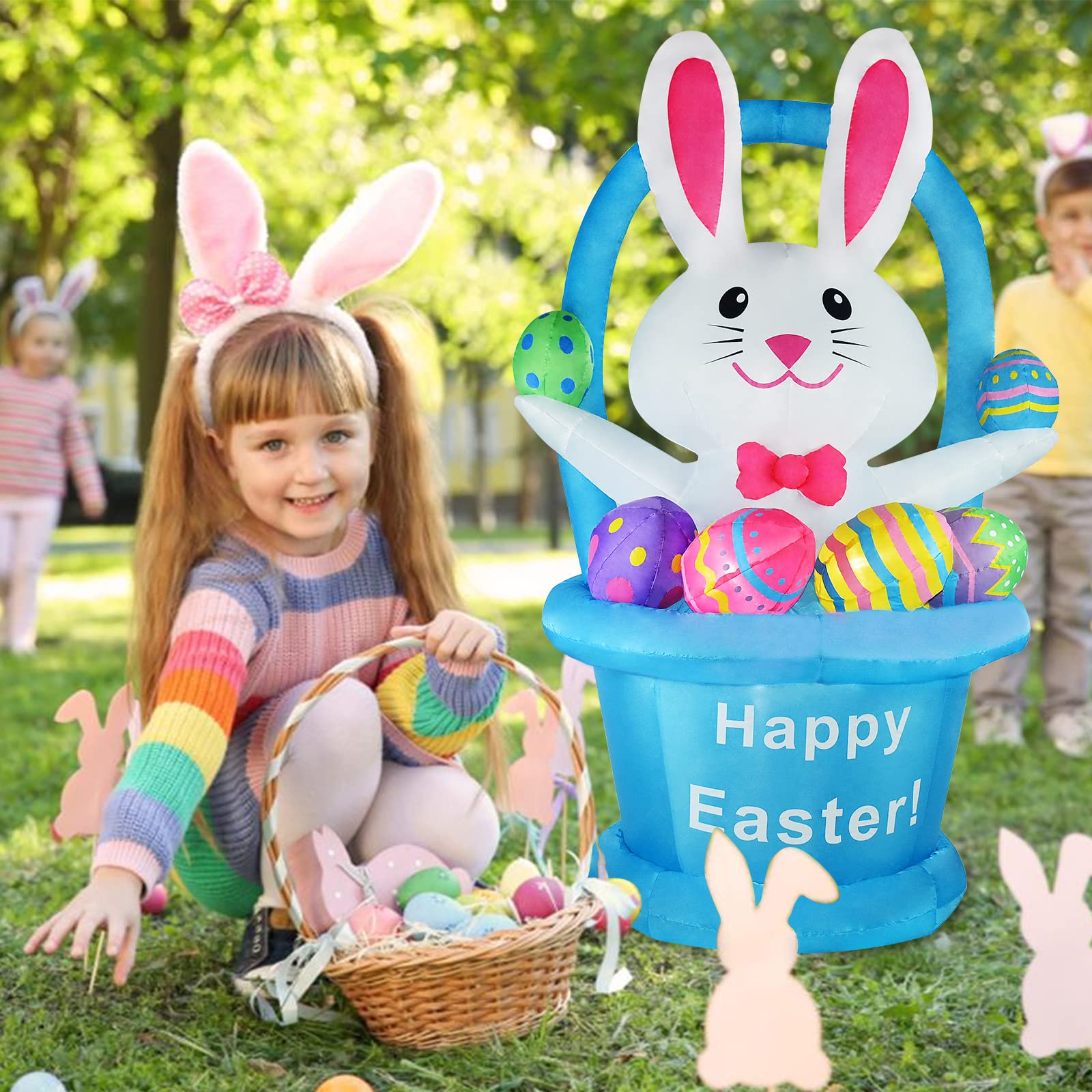 ZXSWONLY 5FT Easter Inflatables Outdoor Decorations Bunny with Basket & Colorful Eggs, Easter Blow Up Yard Decorations with LED Lights Built-in for Party Indoor, Outside, Garden, Lawn